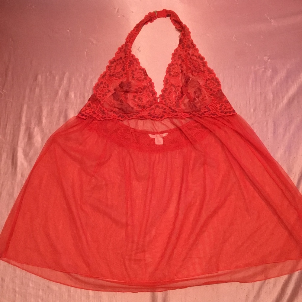Victorias Secret Teddy XL Red Babydoll Halter Floral Lace Mesh Sheer